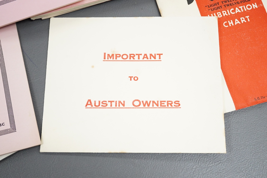 A small collection of 1930s Austin Motor Company Ltd. related documents, mainly referring to the Austin Twelve Four, the Twelve Six, etc. including; a poster advertising the Austin delivery vans, booklets listing spare p